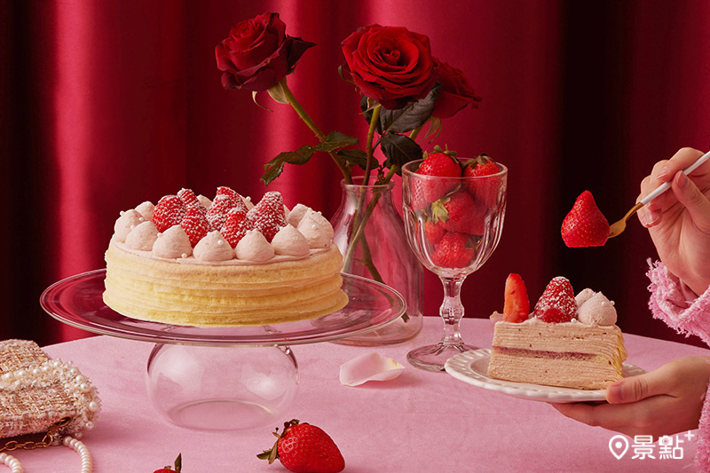 草莓生奶油千層結合千層蛋糕與海綿蛋糕的豐富口感、酸香甜美！