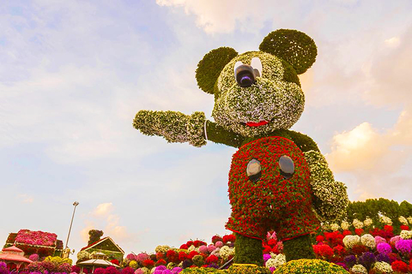 杜拜奇蹟花園曾打造18公尺高的巨型植物米奇雕像。 (圖／Dubai Miracle Garden)