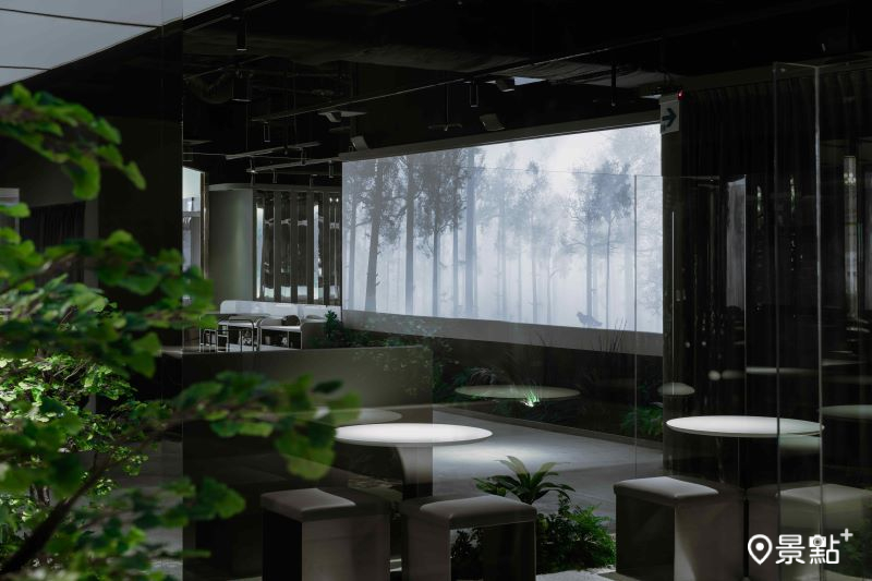 綠意環境與氛圍滿滿的投影畫面提升了用餐體驗的獨特性。