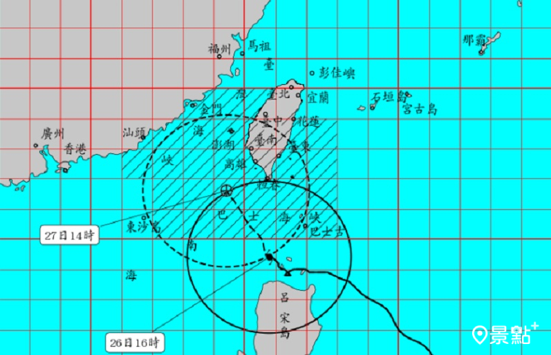 中央氣象局16:15發布的海上陸上颱風警報路徑圖。(圖／中央氣象局)