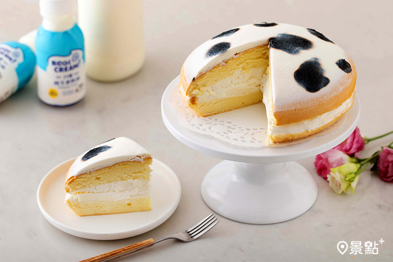 Sweet Percent 百分之甜19號乳牛奶凍波士頓派，夾層裡加入打發的純生先奶油和牛奶凍，蛋糕表面以打發鮮奶油做出仿乳牛花紋的斑點。