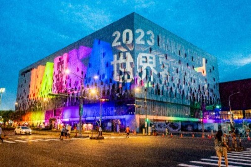 2023世界客家博覽會於台灣館外牆設置光雕投影秀。（圖／世界客家博覽會）