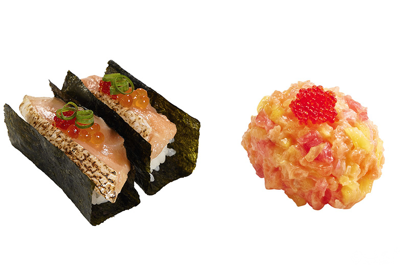 雙卵炙燒鮭魚肚海苔包與鮭魚萩餅。