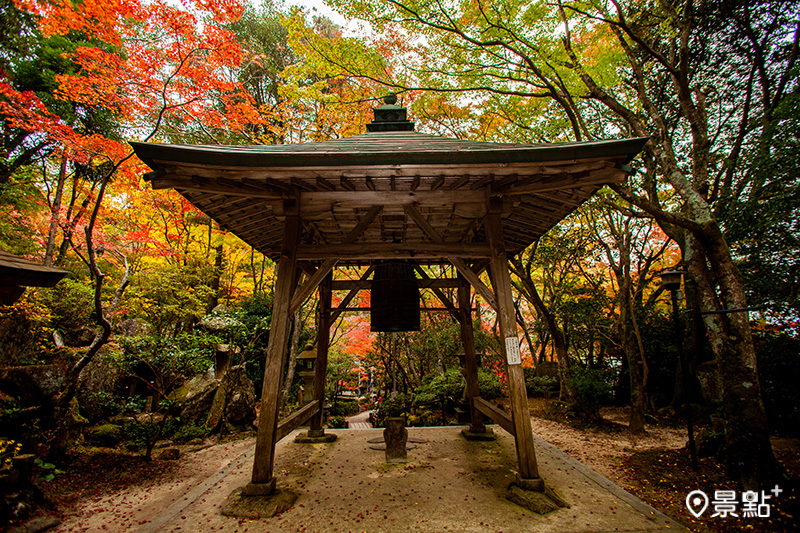 三瀧寺內的鐘樓，在楓樹環繞下，更增添了幾許歷史幽深感。