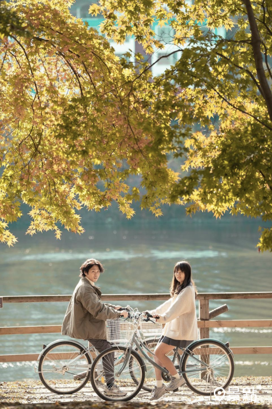 湖邊黃金楓景色氛圍感滿滿，與單車同框的畫面宛如劇照。（圖／yy_aboutus）