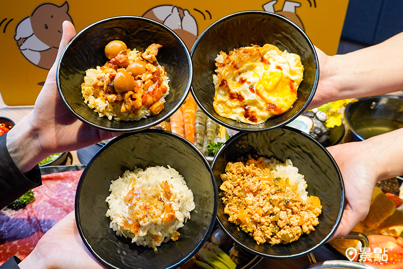台味滿滿的飯食區-阿公豬油拌飯、阿嬤瓜仔肉飯、艋舺滷肉飯、嘉義雞肉飯與麻油炸蛋，全部無限量供應吃到飽。