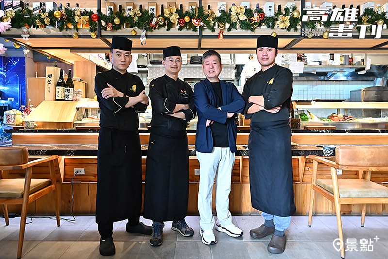 喜愛美食的亞資科技董事長王俊華(左三)創辦覓奇頂級日本料理，由雙主廚石鼎立(左二)、石天恩(左一)與板前長陳文德(右一)組成黃金陣容，呈現高級日料的職人匠心。