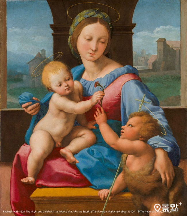 拉斐爾（1483–1520）作品8〈聖母子與施洗者約翰〉（阿爾瓦聖母），約1510–1511創作。(圖／奇美博物館，圖片版權：英國國家藝廊）