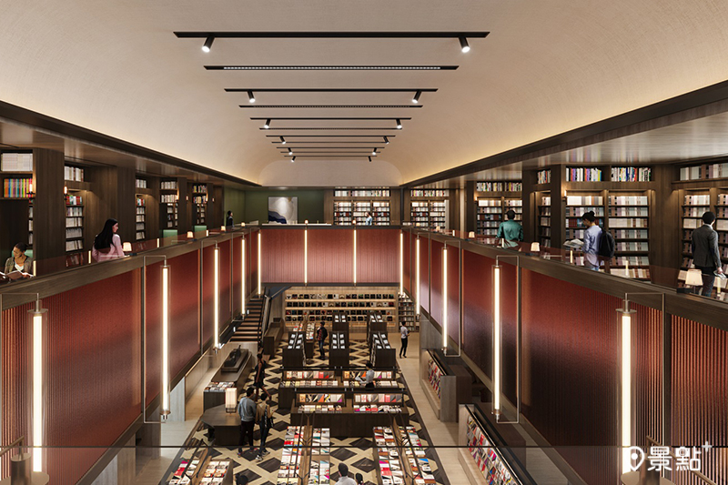 挑高10米雙層書店閱讀殿堂優雅壯闊，沉穩木質調設計。