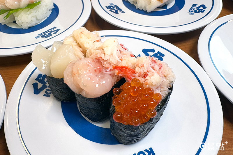 豪華蟹肉三貫軍艦 ，80 元。