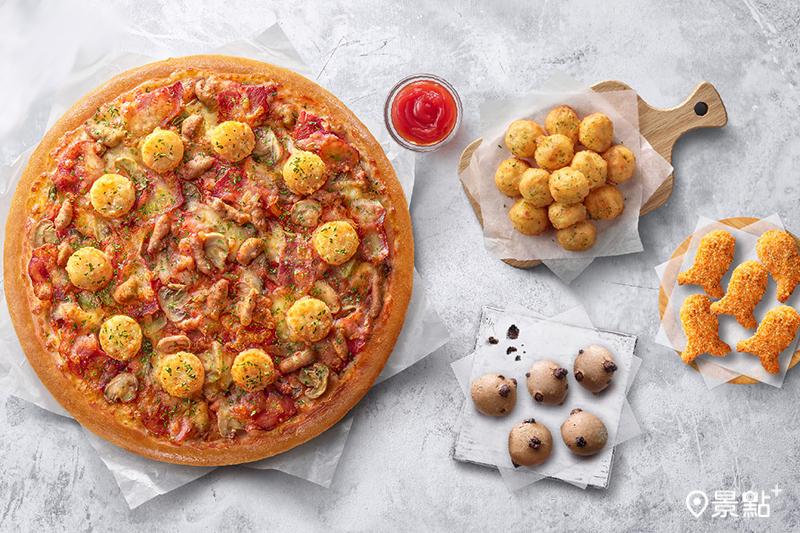 「大比薩分享餐」一個大比薩搭配三樣人氣副食，只要399元起！