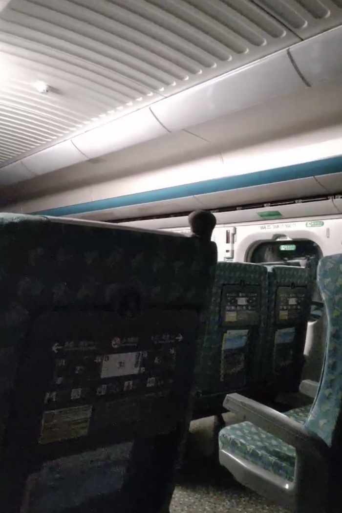 6日深夜高鐵受到丹娜絲颱風強風吹襲不停搖晃，暫停於嘉義台南路段，燈光也暗下來使用緊急照明。(圖／網友提供)