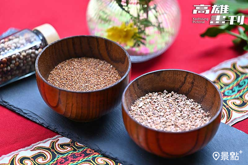 油芒（左）與乾燥芋頭粉（右）。