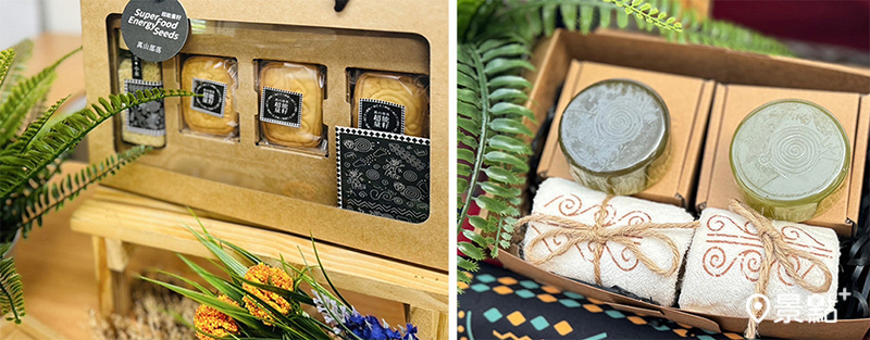 部落也推出結合岩雕圖樣與油芒的伴手禮。