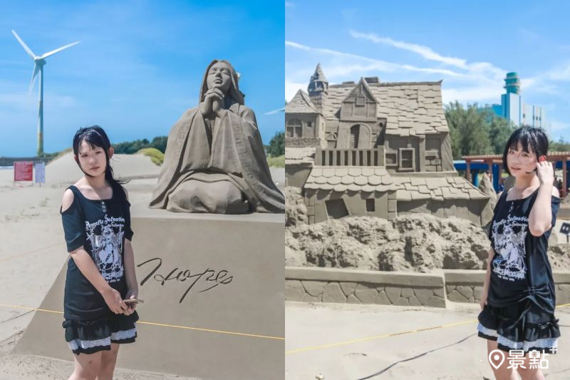 通霄沙雕藝術節作品同框海景風車，吸引人前往取景。（圖／aday0530）