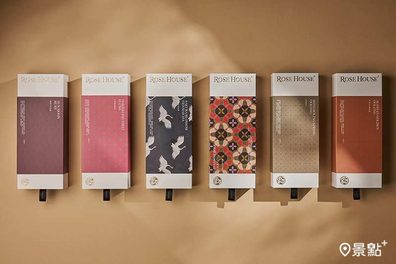 由左至右為「鳳凰日月紅韻」、「大吉嶺出摘茶」、「千櫻玄米煎茶」、「極品玫瑰烏龍茶」、「松嶺茶王」、「阿里山金韻烏龍」。