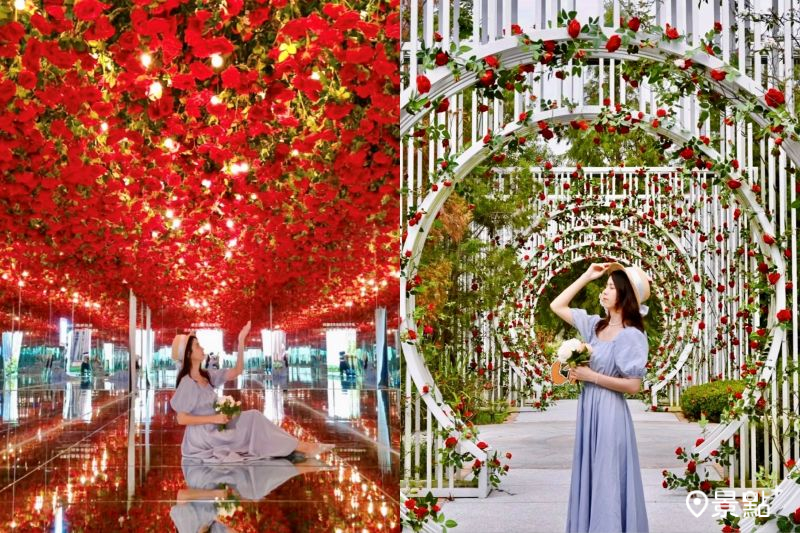 蓋婭莊園玫瑰花海玻璃光廊及花圈步道造景，吸引網友前往拍照打卡。（圖／ducktravel_21）