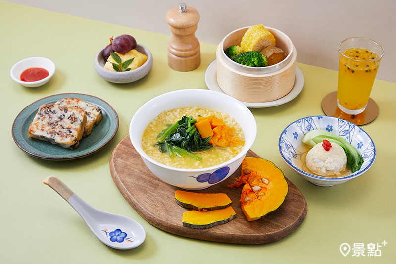 攤味早餐套餐-南瓜小米蔬菜粥(素)。