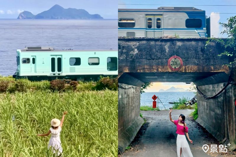「桶盤堀漁港」可賞馬卡龍列車海風號與龜山島同框美景，吸引人前往拍照打卡。（圖／laiyuping9520、lyxingyingxie）