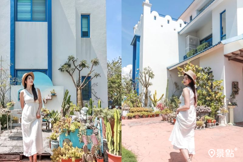 「多肉好好買」擁有藍白地中海風花園建築，吸引人前往取景。（圖／aday0530）
