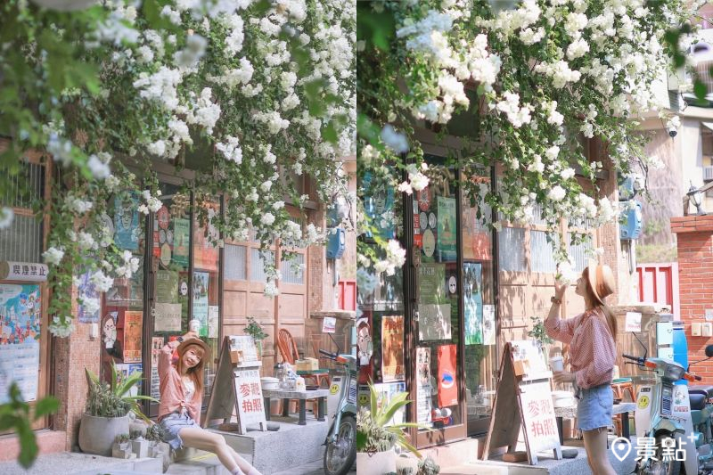 「Stable Fly 穩定飛行模式」九重葛花瀑同框老宅咖啡廳場景，吸引網友前往拍照打卡。（圖／queena__0302）