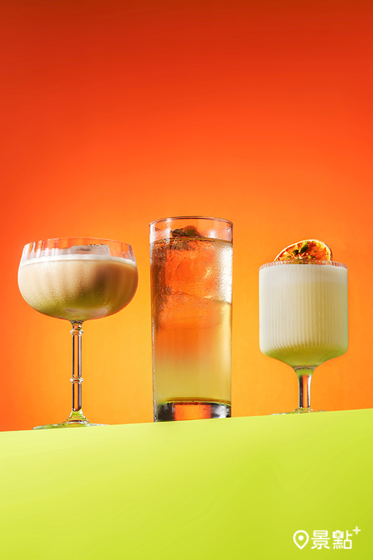 左起為無酒精調飲「CHA and NUT」、海島風味「TONIC NUTCASE」、甜點系調酒「NUT ME UP」。（圖／台北W飯店，以下同）