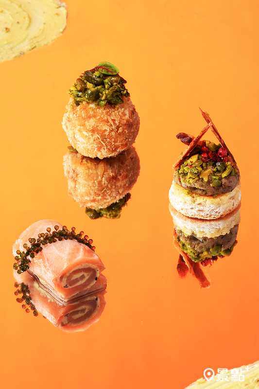 左起為「松露開心果奶酥燻鮭捲」、「酥炸墨西哥輕辣開心果奶油起司球」、「脆培根、巧克力開心果杏桃醬」。