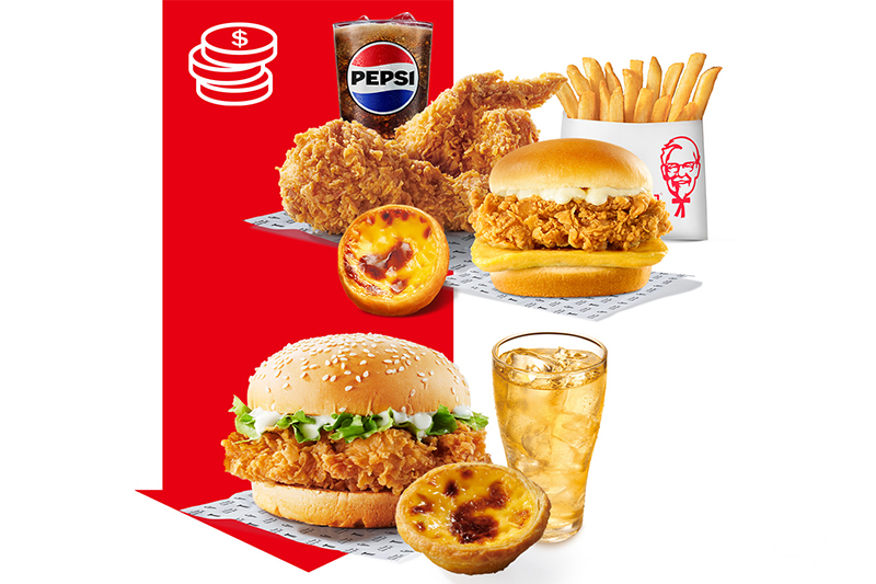 40682「咔啦脆雞2塊＋香酥脆薯＋原味蛋撻＋百事可樂(中)-＋吮指嫩雞蛋堡」優惠價$189。