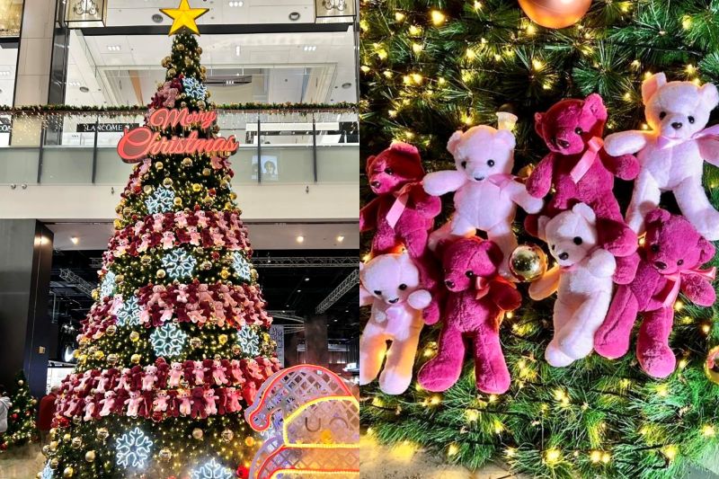 台茂購物中心打造500隻粉紅小熊8米巨型聖誕樹。（圖／台茂購物中心）