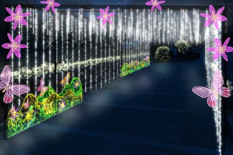石溪蝶語燈區展現谷關生態意象的奇幻光景。