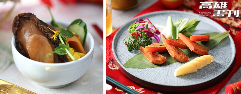 手掌鮑燻鮭以日式佃煮手法的創新作法呈現。(右)茶燻手把烏魚子不只利用茶葉入菜，也展現高雄海洋風土鮮美盛宴。(攝影/Carter)