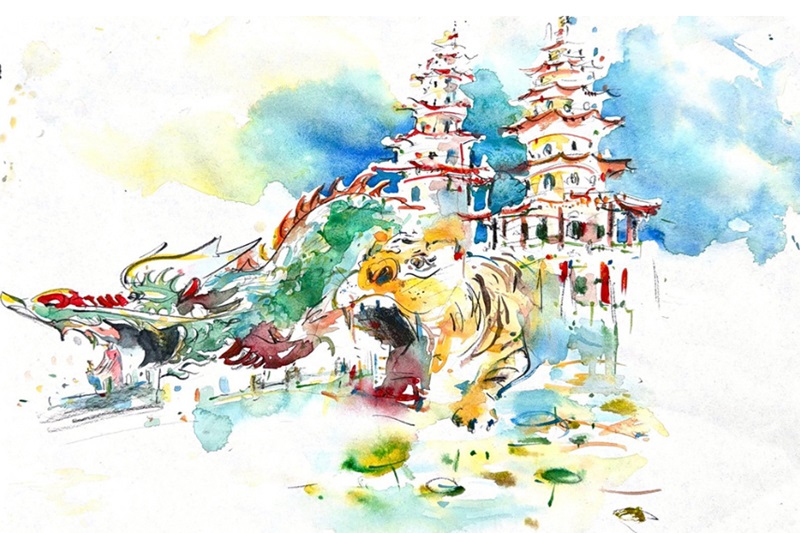 吳沁頤為高雄畫刊創作的龍虎塔速寫，溫柔筆觸中融合了她個人的童年回憶。(圖片提供/吳沁頤)